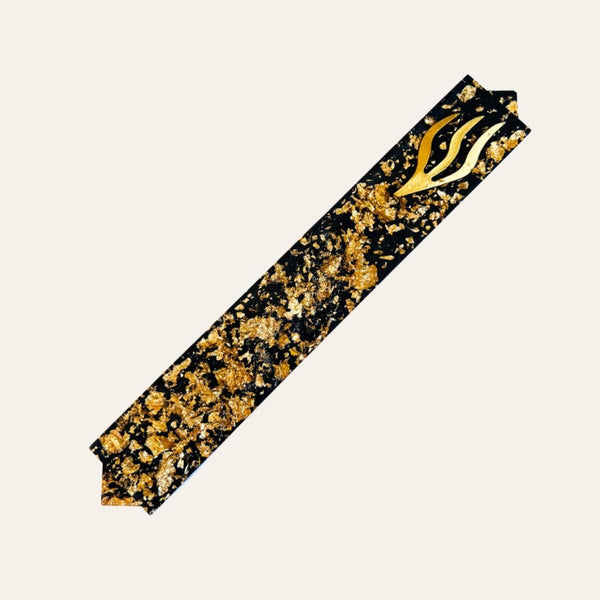 Epoxy Mezuzah in Black with Gold Metal Flakes and Gold Curved Shin