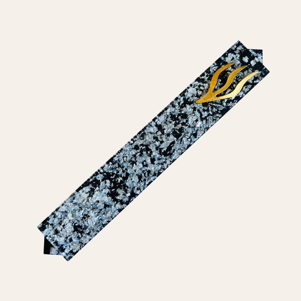 Epoxy Mezuzah in Black with Silver Metal Flakes and Gold Curved Shin