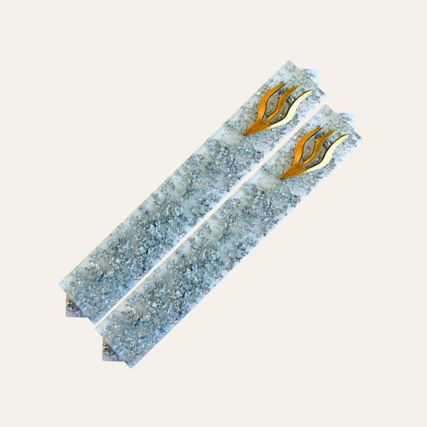 Epoxy Mezuzah in White with Silver Metal Flakes and Gold Curved Shin (Set of 2)