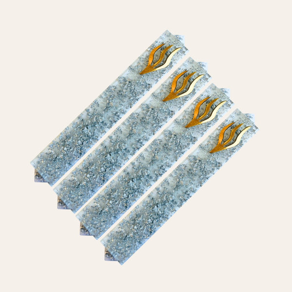 Epoxy Mezuzah in White with Silver Metal Flakes and Gold Curved Shin (Set of 4)