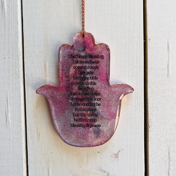 Pink & Silver Epoxy Hamsa with Glitter & Home Blessing (Eng)