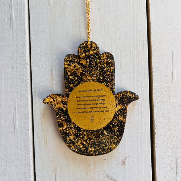 Black Epoxy Hamsa with Gold Plate Home Blessing & Metallic Flakes (Eng)