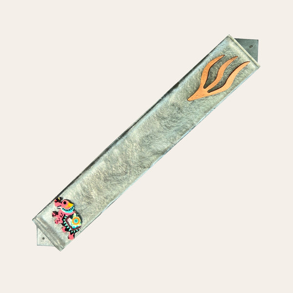 Textured Silver Epoxy Resin Mezuzah Case with a Lucky Elephant  & Curved Copper Shin. Mezuzah - Judaica Jewish Gift- Optional Kosher Scroll 8