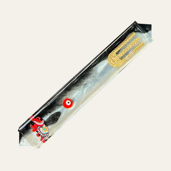 Mezuzah Case Handcrafted from Epoxy Resin in Black & Silver with a Lucky Elephant, Evil Eye Protection Charm and a Hammered Gold Shin. 4