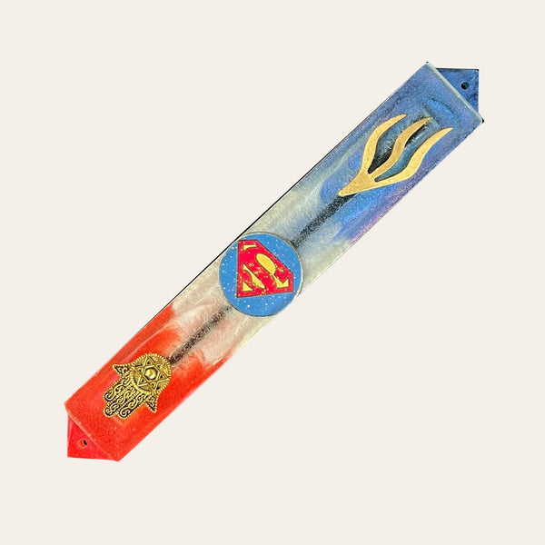 Kids Mezuzah with Favorite Character in Red, Blue and Silver with Gold Shin - Customize Any - Personalized - Handmade Epoxy Resin Mezuzah 17