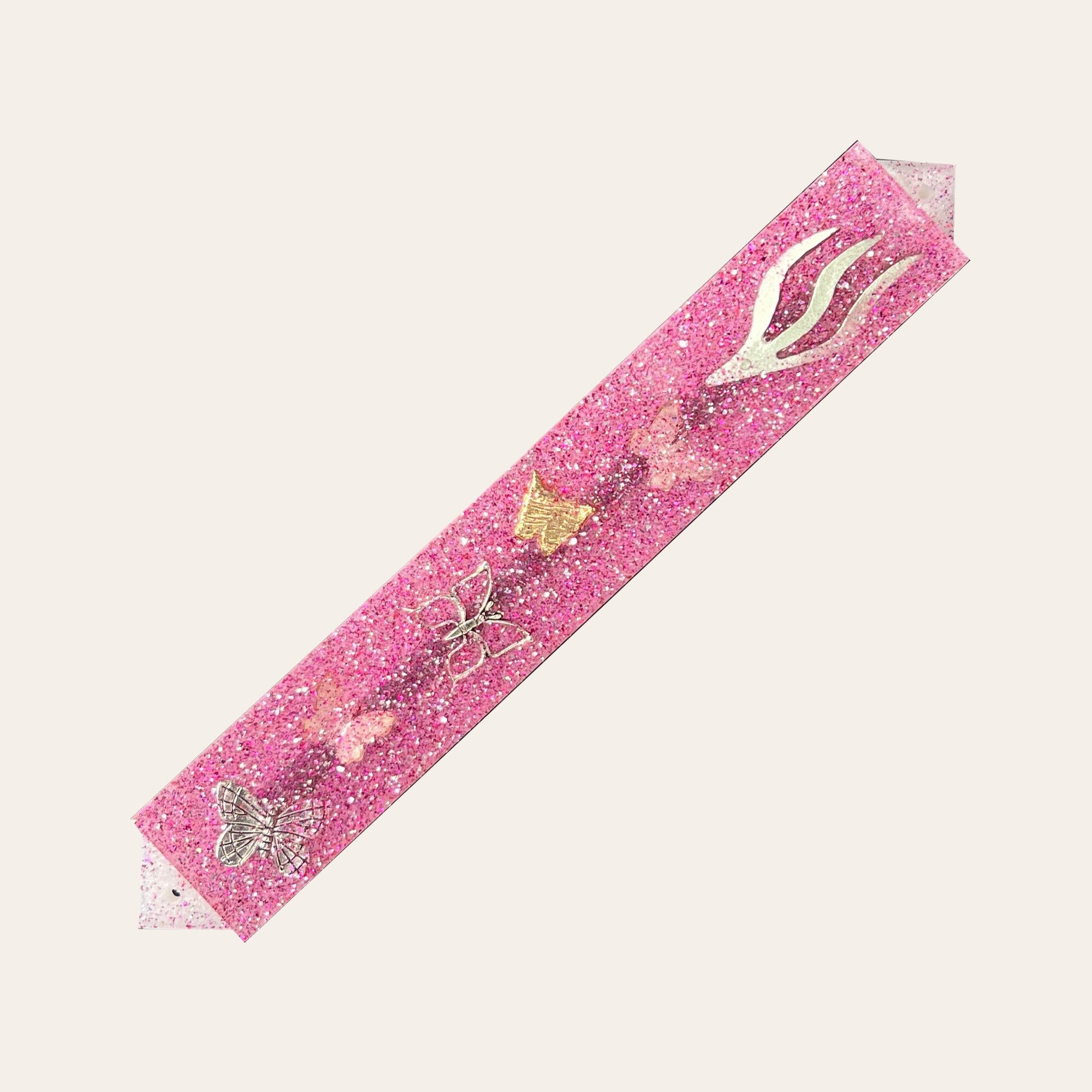 Handcrafted Mezuzah Case. Mix of Gold Glitter & Sparkles, Pink outlets and Aqua Blue. One of A Kind Piece. Judaica Mezuzah Gift.