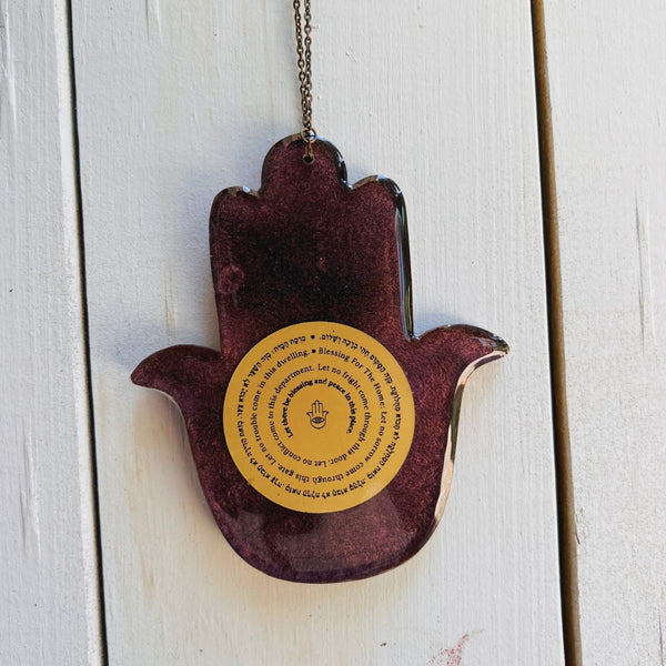 Deep Purple Epoxy Hamsa with Gold Plate Home Blessing (Eng & Heb)